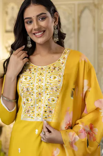 Yellow stylish ready-made viscose rayon kurti set with printed tabby organza dupatta