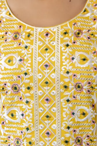 Yellow stylish ready-made viscose rayon kurti set with printed tabby organza dupatta