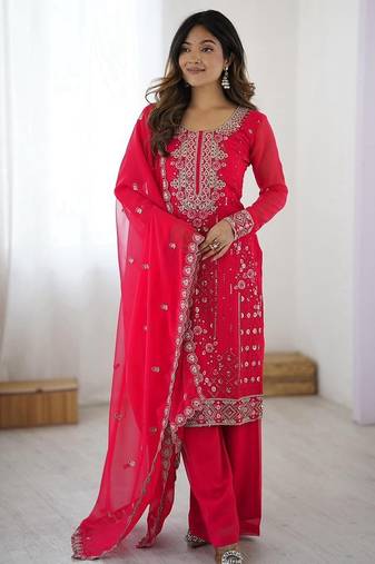 Pink ready-to-wear faux georgette top & plazzo set with sequins work dupatta