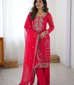 Pink ready-to-wear faux georgette top & plazzo set with sequins work dupatta