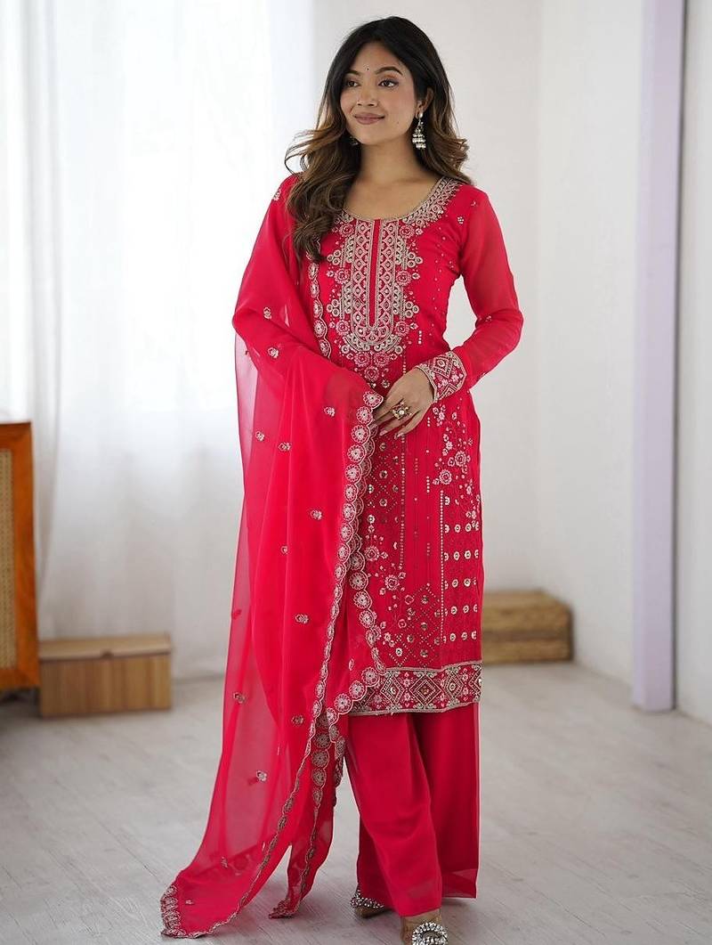 Pink ready-to-wear faux georgette top & plazzo set with sequins work dupatta