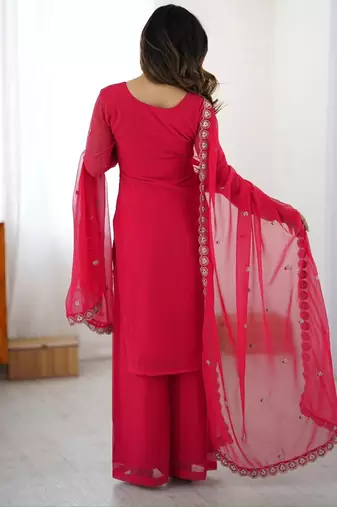 Pinkfaux georgette top & plazzo set with sequins work dupatta