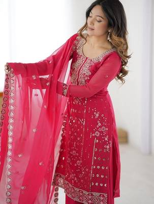 Pinkfaux georgette top & plazzo set with sequins work dupatta 3
