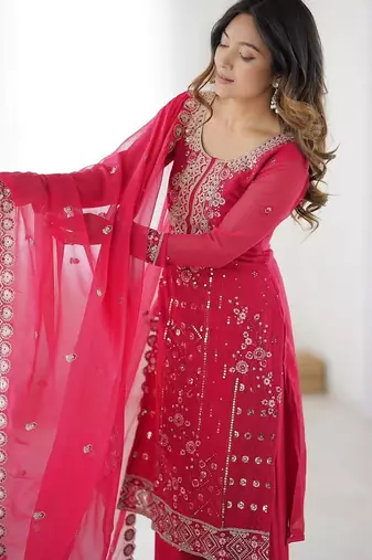 Pinkfaux georgette top & plazzo set with sequins work dupatta