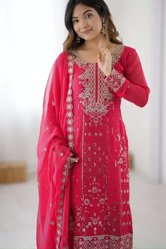 Pinkfaux georgette top & plazzo set with sequins work dupatta