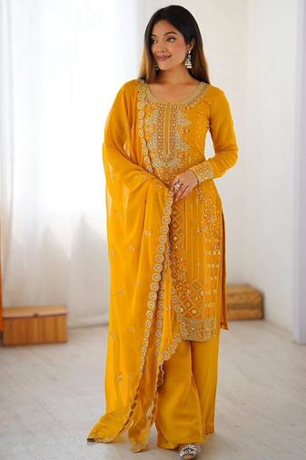 Yellow ready-to-wear faux georgette top & plazzo set with sequins work dupatta