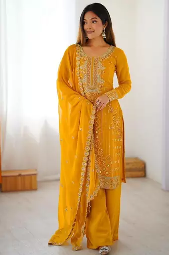 Yellow ready-to-wear faux georgette top & plazzo set with sequins work dupatta