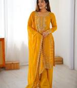 Yellow ready-to-wear faux georgette top & plazzo set with sequins work dupatta