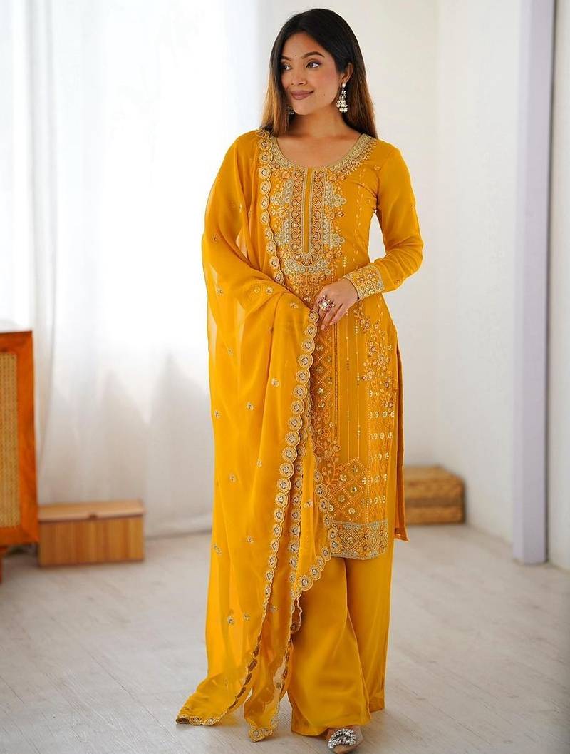 Yellow ready-to-wear faux georgette top & plazzo set with sequins work dupatta