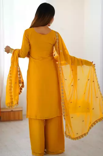 Yellowfaux georgette top & plazzo set with sequins work dupatta