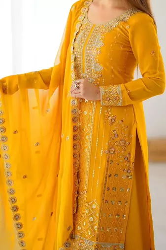 Yellowfaux georgette top & plazzo set with sequins work dupatta