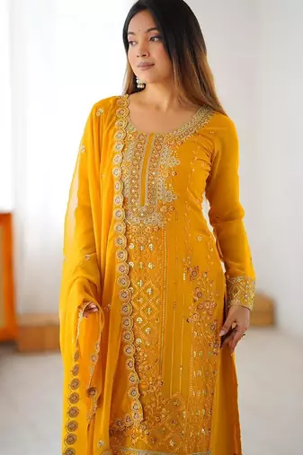 Yellowfaux georgette top & plazzo set with sequins work dupatta