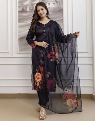 Black elegant a-line soft aasam kurti set with floral print & digital printed dupatta 1