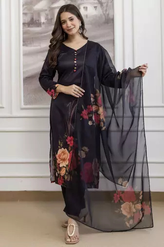 Black elegant a-line soft aasam kurti set with floral print & digital printed dupatta