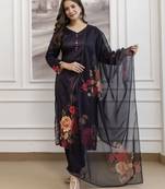 Black elegant a-line soft aasam kurti set with floral print & digital printed dupatta