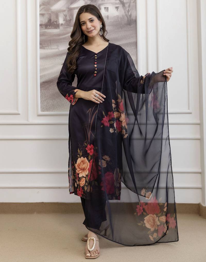 Black elegant a-line soft aasam kurti set with floral print & digital printed dupatta