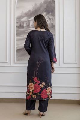 Black elegant a-line soft aasam kurti set with floral print & digital printed dupatta 2