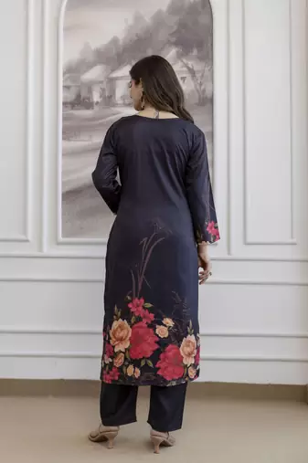 Black elegant a-line soft aasam kurti set with floral print & digital printed dupatta