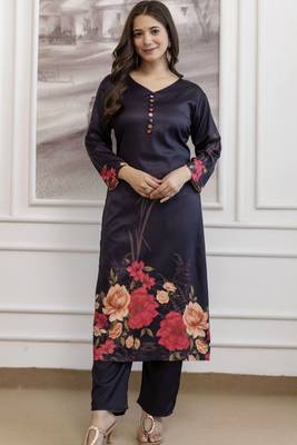 Black elegant a-line soft aasam kurti set with floral print & digital printed dupatta 4