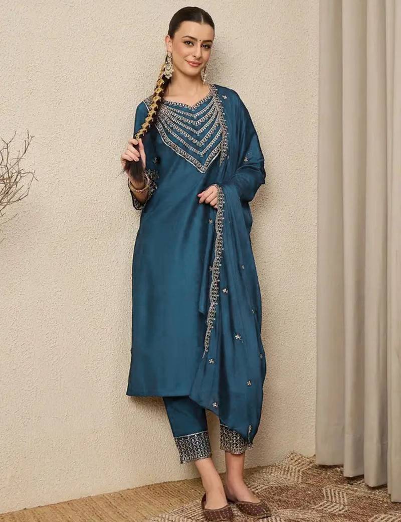 Teal blue elegant roman fabric embroidered kurti set with pure chinon dupatta – ready-made stitched suit