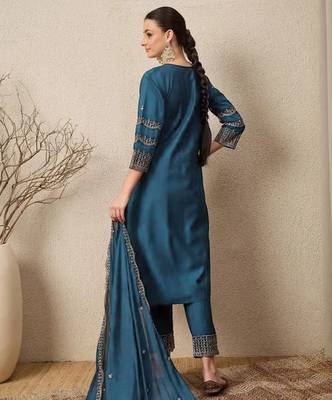 Teal blue elegant roman fabric embroidered kurti set with pure chinon dupatta ready-made stitched suit 2