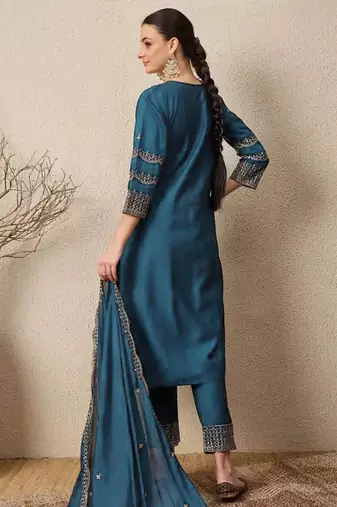 Teal blue elegant roman fabric embroidered kurti set with pure chinon dupatta ready-made stitched suit
