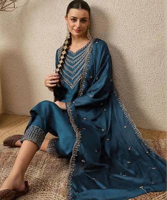 Teal blue elegant roman fabric embroidered kurti set with pure chinon dupatta ready-made stitched suit 3