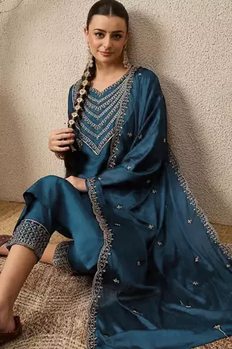 Teal blue elegant roman fabric embroidered kurti set with pure chinon dupatta ready-made stitched suit