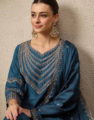 Teal blue elegant roman fabric embroidered kurti set with pure chinon dupatta ready-made stitched suit 4