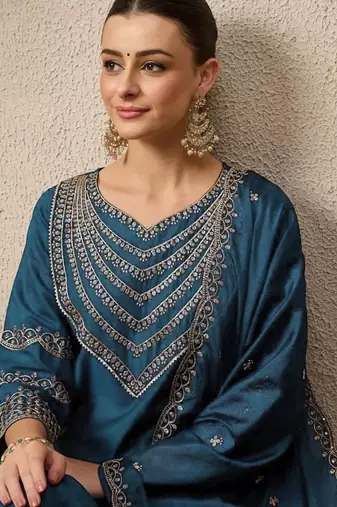 Teal blue elegant roman fabric embroidered kurti set with pure chinon dupatta ready-made stitched suit