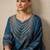 Teal blue elegant roman fabric embroidered kurti set with pure chinon dupatta – ready-made stitched suit