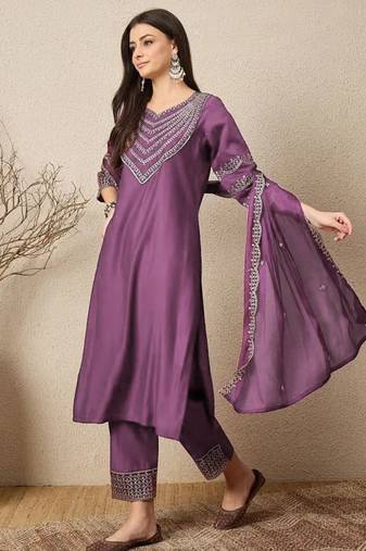 Purple elegant roman fabric embroidered kurti set with pure chinon dupatta – ready-made stitched suit