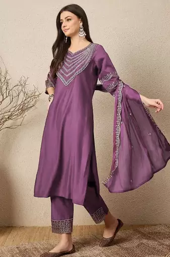 Purple elegant roman fabric embroidered kurti set with pure chinon dupatta ready-made stitched suit