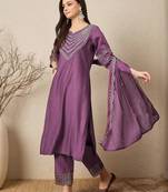 Purple elegant roman fabric embroidered kurti set with pure chinon dupatta – ready-made stitched suit