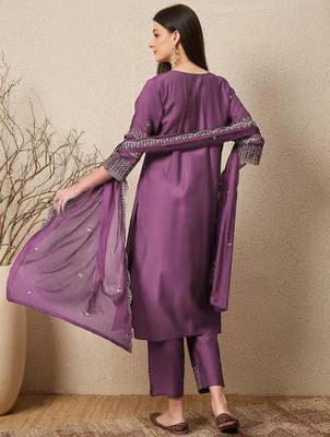 Purple elegant roman fabric embroidered kurti set with pure chinon dupatta ready-made stitched suit 2