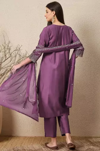 Purple elegant roman fabric embroidered kurti set with pure chinon dupatta ready-made stitched suit