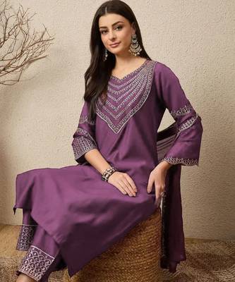 Purple elegant roman fabric embroidered kurti set with pure chinon dupatta ready-made stitched suit 3