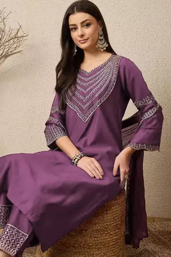 Purple elegant roman fabric embroidered kurti set with pure chinon dupatta ready-made stitched suit