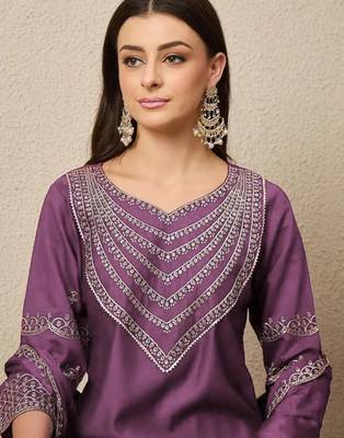 Purple elegant roman fabric embroidered kurti set with pure chinon dupatta ready-made stitched suit 4