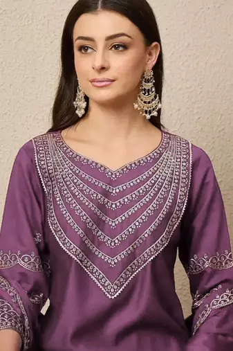 Purple elegant roman fabric embroidered kurti set with pure chinon dupatta ready-made stitched suit
