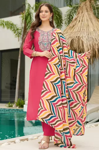 Pink stylish rayon embroidered kurti set with art silk dupatta ready-made ethnic wear