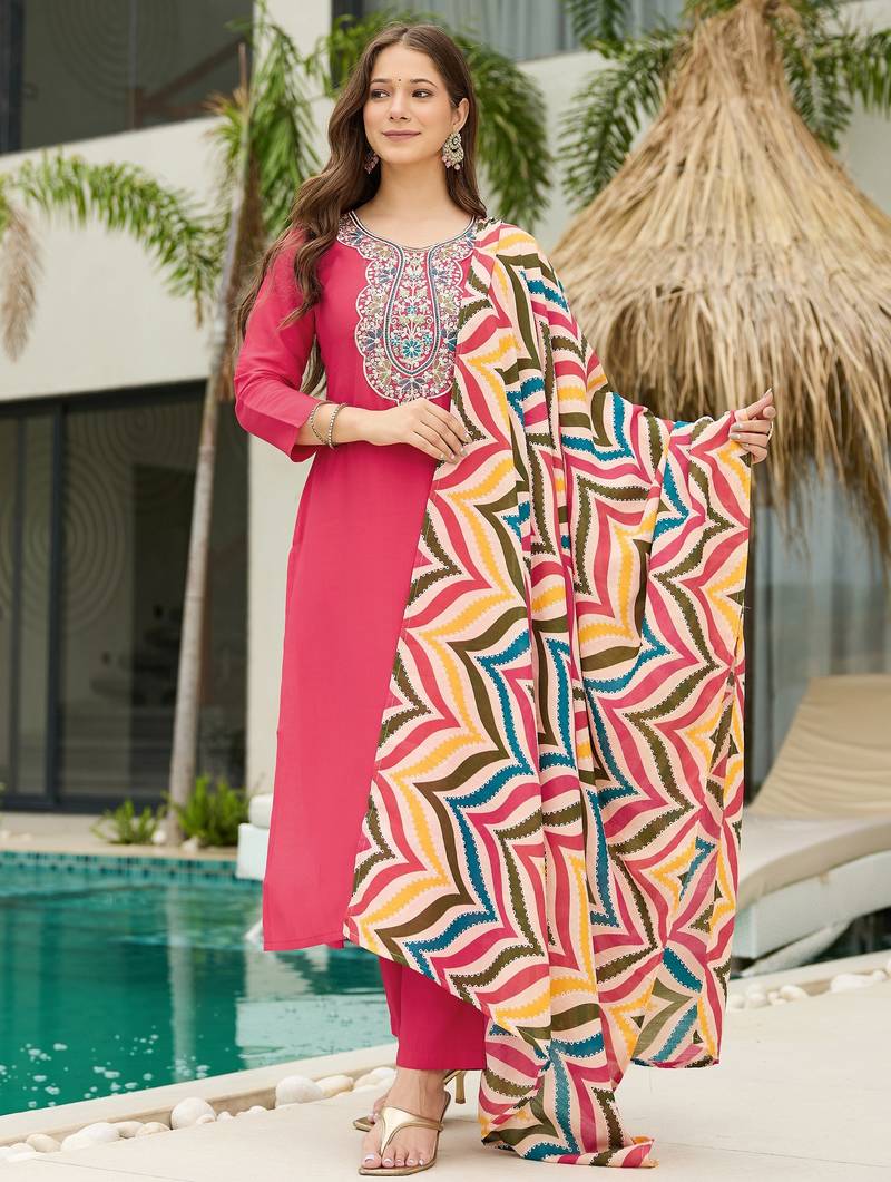 Pink stylish rayon embroidered kurti set with art silk dupatta – ready-made ethnic wear