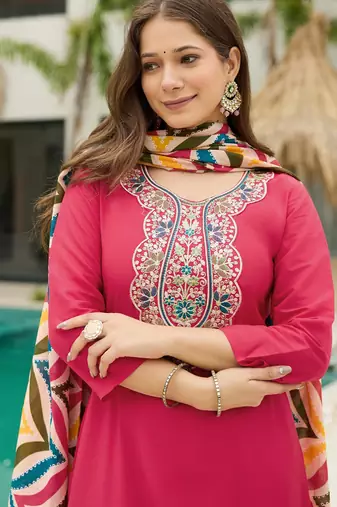 Pinkrayon embroidered kurti set with art silk dupatta ready-made ethnic wear