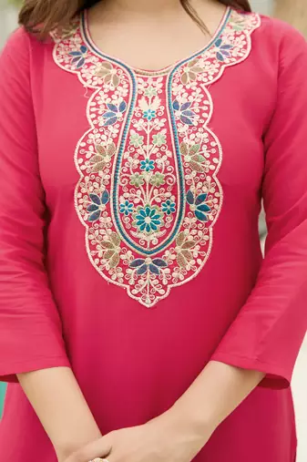 Pinkrayon embroidered kurti set with art silk dupatta ready-made ethnic wear