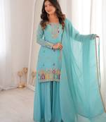 Sky blue designer crunchy silk kurta sharara set with embroidery & lace dupatta – ready-made party wear