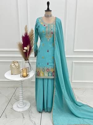 Sky bluecrunchy silk kurta sharara set with embroidery & lace dupatta ready-made party wear 3
