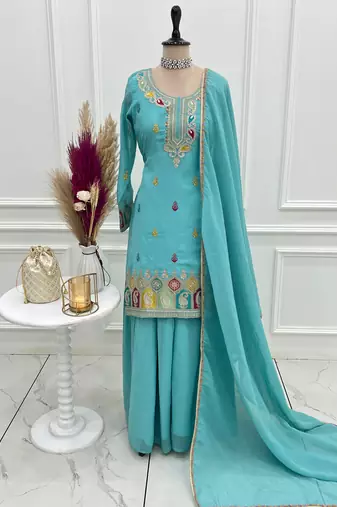 Sky bluecrunchy silk kurta sharara set with embroidery & lace dupatta ready-made party wear