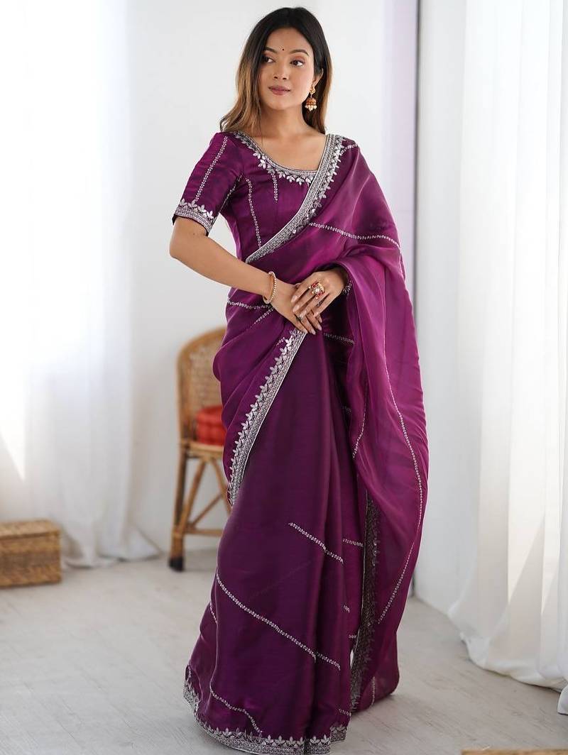 wine designer heavy jmc art silk embroidered saree with sequin work blouse – party & festive wear