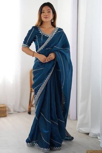 teal designer heavy jmc art silk embroidered saree with sequin work blouse     party & festive wear