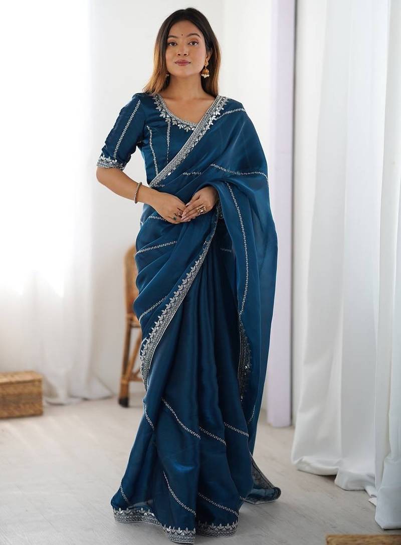 teal designer heavy jmc art silk embroidered saree with sequin work blouse – party & festive wear